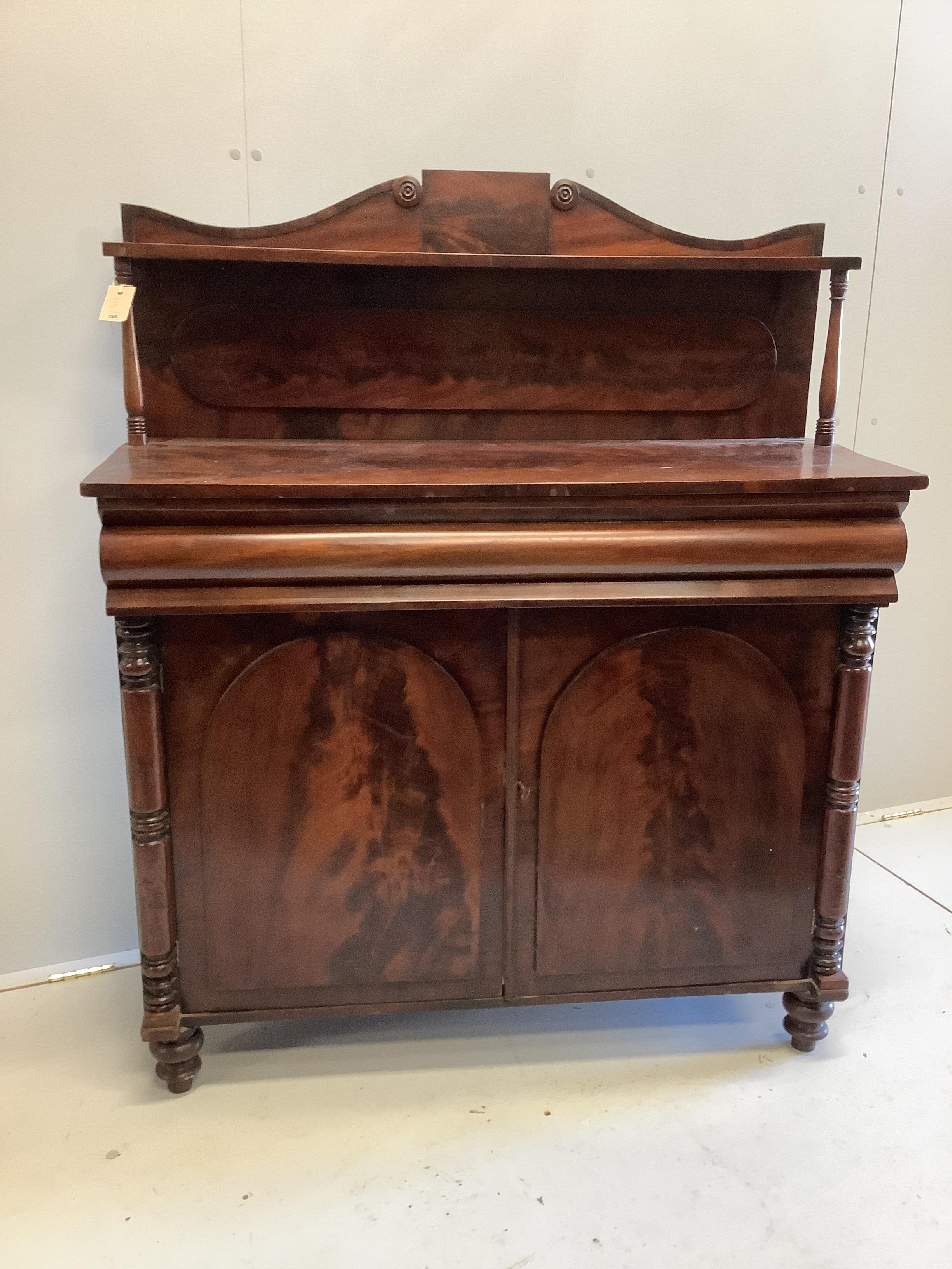 An early Victorian mahogany chiffonier, width 107cm, depth 43cm, height 130cm
